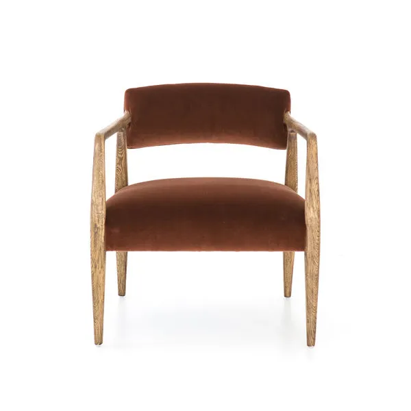 Front view of Tyler Burnt Auburn Velvet Arm Chair showing backrest and seat width