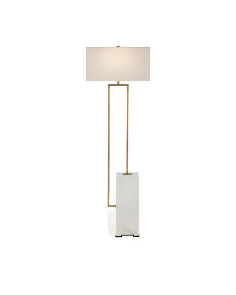 Beside Floor Lamp with asymmetrical brass metal frame extending from a solid white marble rectangular base and rectangular...