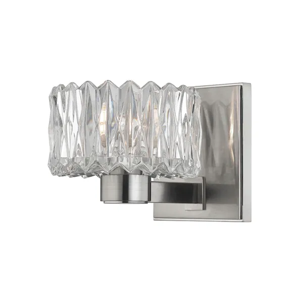 Anson 1 Light Bath Bracket with a clear textured glass shade and brushed metal square backplate