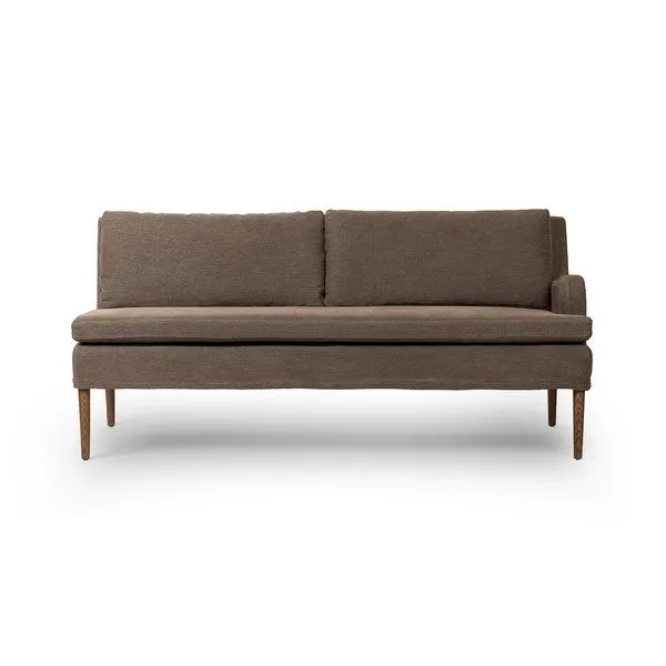 Aurelia Dining Banquette in Broadway Coffee with flax linen upholstery, solid oak legs in amber oak finish, mid-century so...
