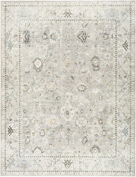 Davina Denim/Gray Machien Woven Rug with intricate traditional-inspired motifs in soft gray, beige, and blue tones