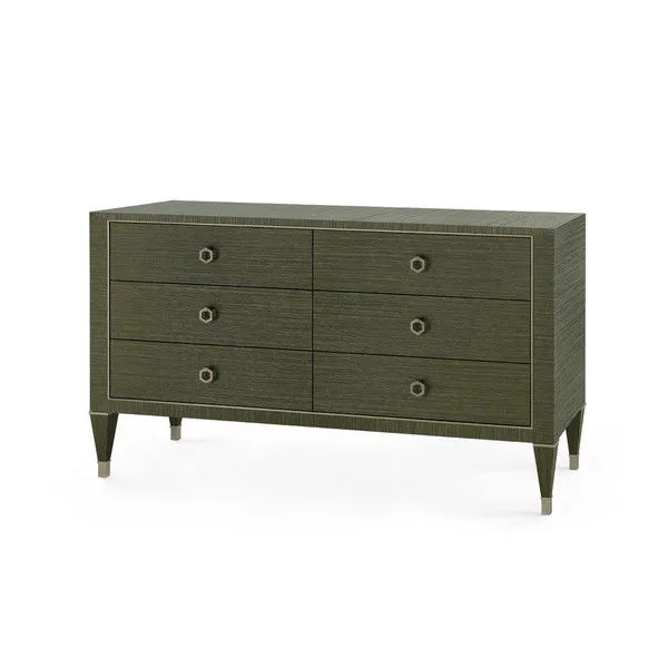 Extra large 6-drawer dresser with deep olive dyed grasscloth and champagne-gilded ribbon border