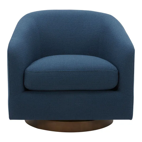 Oscy Swivel Chair in deep blue fabric with rounded back and brass-colored circular swivel base