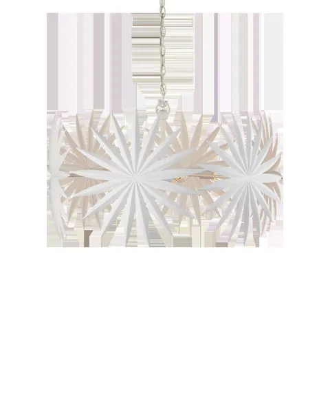 Bismarkia Small Chandelier with white oversized palm frond design and metal chain suspension