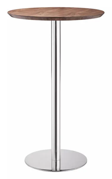 Bergen Bar Table close-up front view showing walnut top grain and polished chrome base on white background
