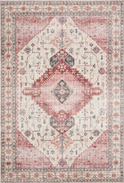 Skye ivory and berry rug with vintage-inspired geometric medallion and floral patterns, soft textured look