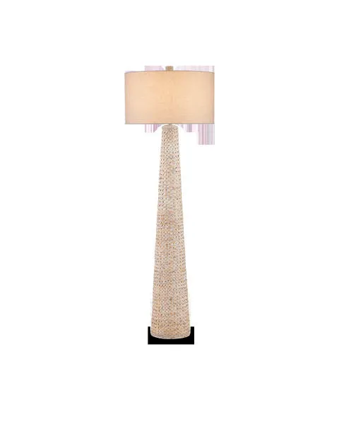 Tall Birdsong Whitewash Floor Lamp with woven water hyacinth body and off-white drum shade