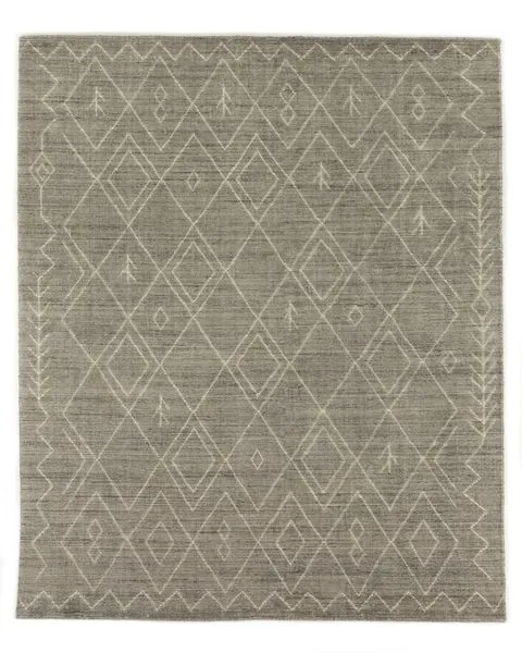 Grey Moroccan-inspired hand-knotted area rug with traditional Berber diamond motifs and 90/10 wool cotton blend