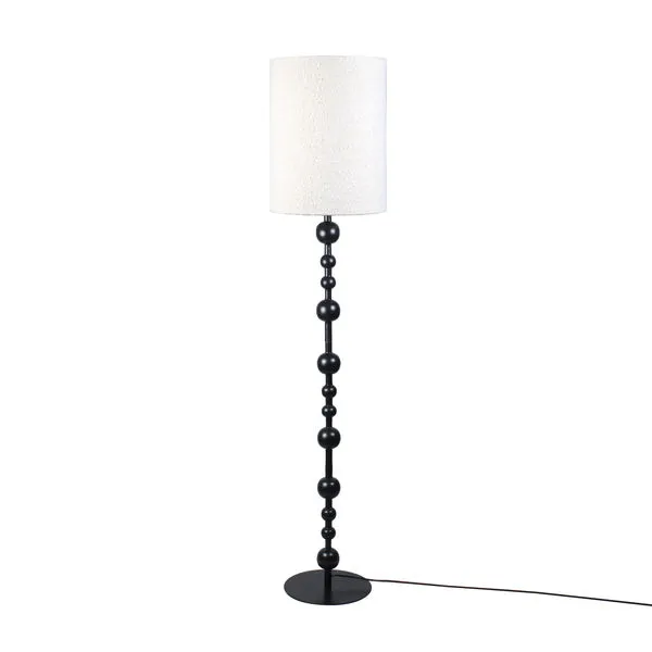 Karla Floor Lamp with matte black iron sphere-detailed stand and soft white bouclé fabric shade