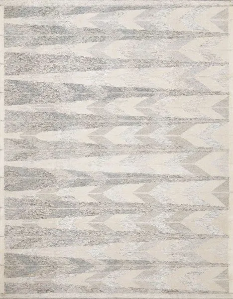 Evelina Pewter Silver Rug with hand-woven abstract chevron pattern in neutral gray and silver tones