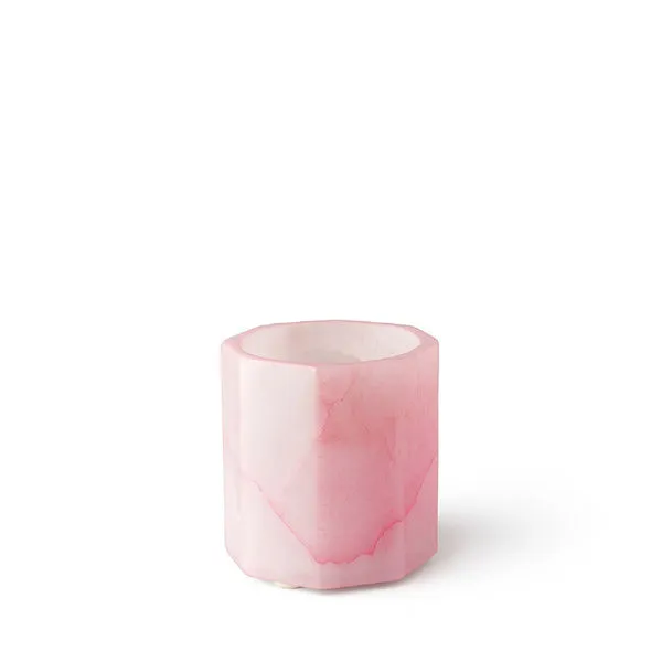 Pink alabaster octagonal votive or vase with soft veining and smooth matte finish