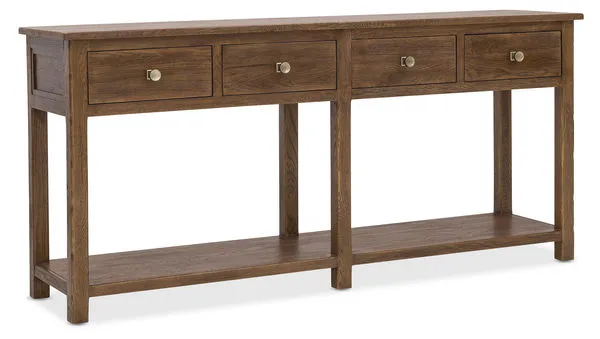 Driftwood sideboard in Worn Saddle finish with four self-closing drawers and a lower fixed shelf