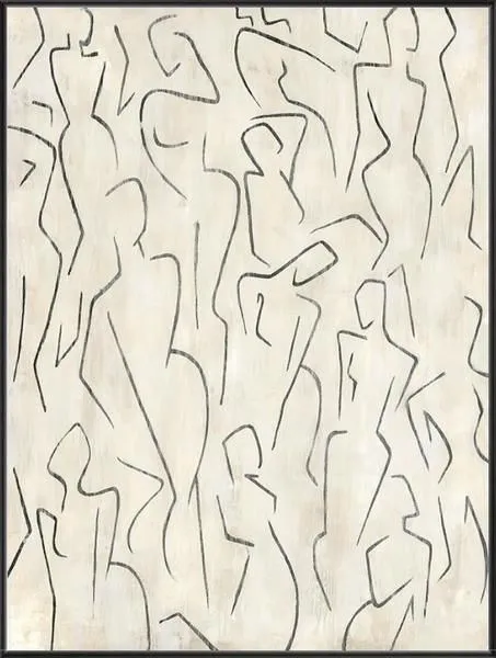 Abstract painting with fluid black lines forming minimalist human figures in motion on a light beige background