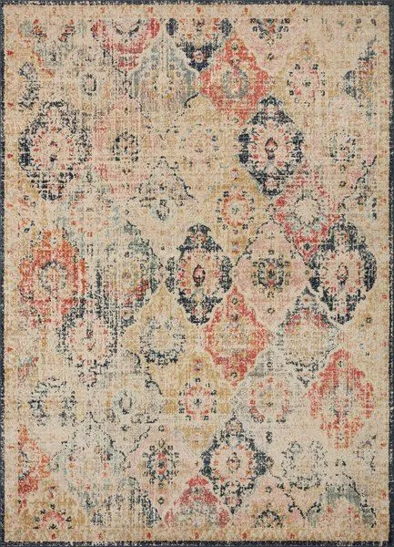 Vintage style rug with khaki, red, navy, and beige antique-inspired motifs and a distressed look