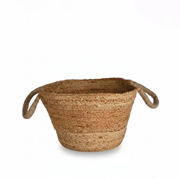 Natural woven bamboo basket with rounded handles and a tapered shape