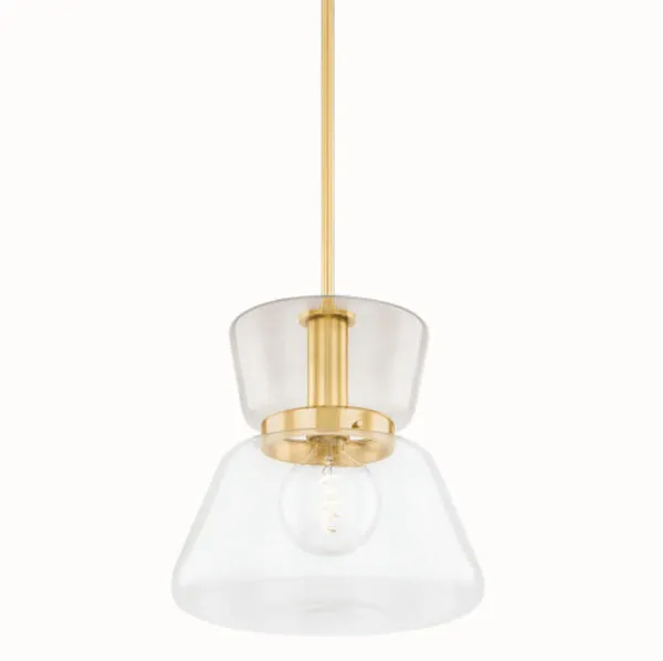 Elodie Pendant from a slightly angled front view showing clear lower glass and aged brass rod against white background