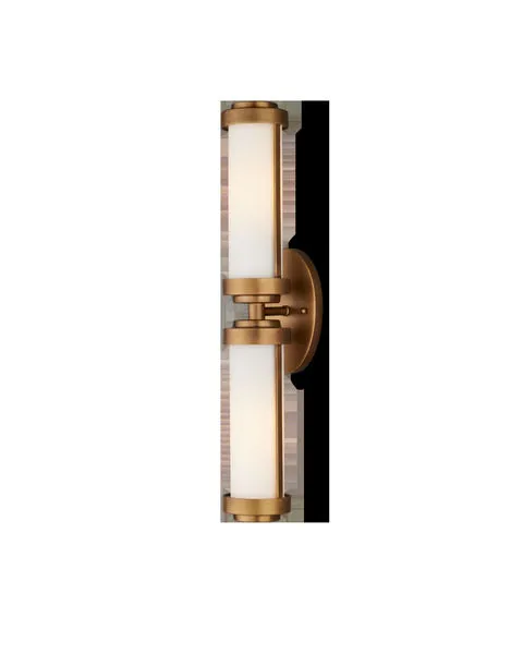 Bowland Bath Wall Sconce in brass with two vertical opaque glass tubes and hourglass-shaped metal caps