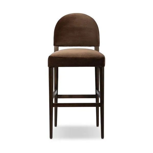 Abilene Bar + Counter Stool with rounded back and cushioned brown velvet seat on a streamlined dark wood frame