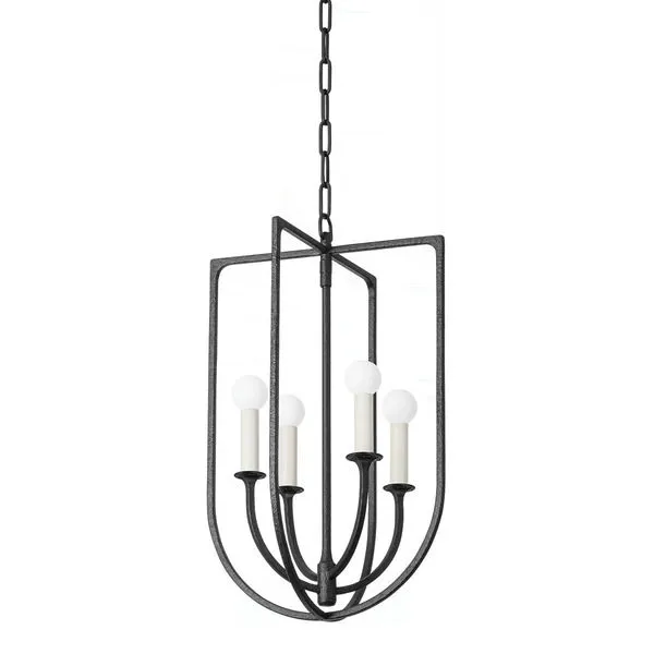 Kael Lantern with open black iron cage, curved metal arms, and cream candle-style bulbs