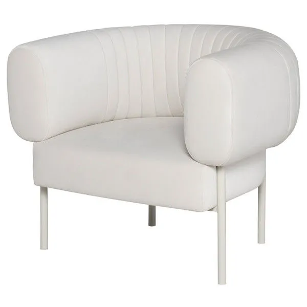 Reina Accent Chair in white with oversized rounded arms, curved frame, and vertical channel tufting on backrest