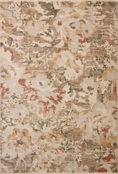 Modern botanical area rug with large-scale floral design in muted mist and sunset colors, rectangular shape