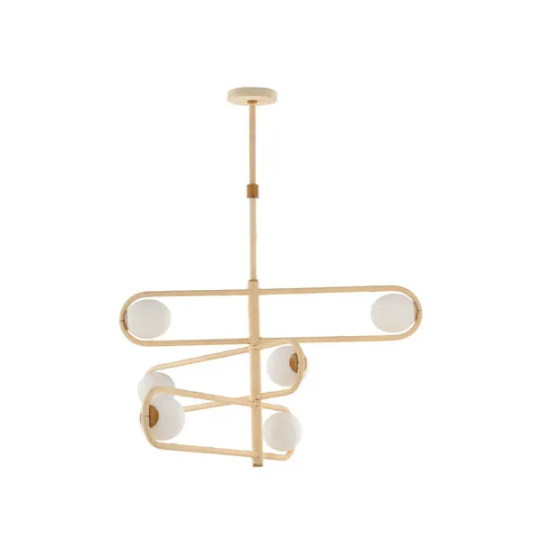 Sol Chandelier with geometric rattan design and three tiers holding six milk glass globes for ambient lighting