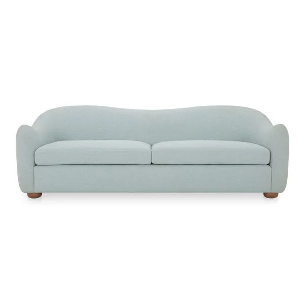 Bria sofa in flecked light blue fabric with gently sloping arms and rounded rubberwood feet in warm brown