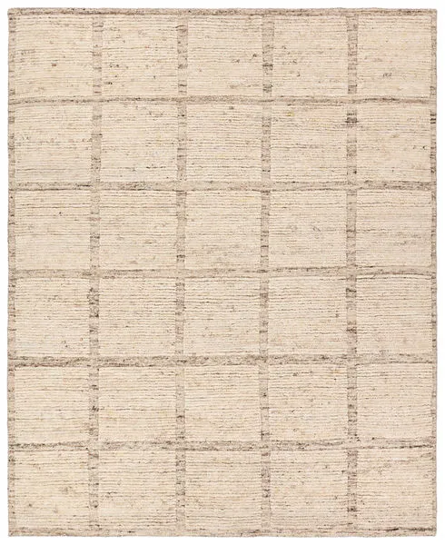 Kizza handknotted rug with cream and brown linear grid pattern and natural undyed wool texture