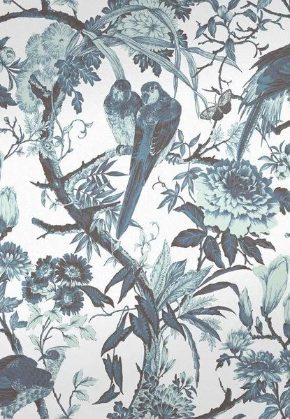 Blue and white Perrow Wallpaper featuring intricate floral pattern with birds perched on branches