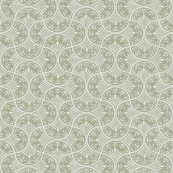 Hopwood Cottage Sage wallpaper in pastel sage green and white with a repeating floral and fan pattern