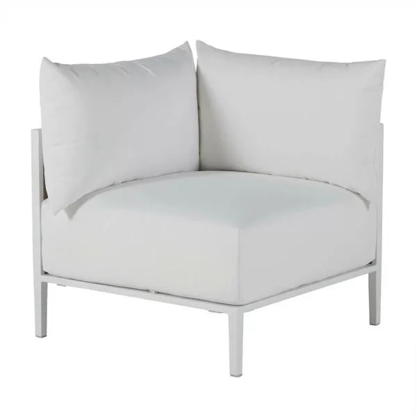 Outdoor corner sofa piece with curved chalk-colored wrought aluminum frame and natural resin cushions