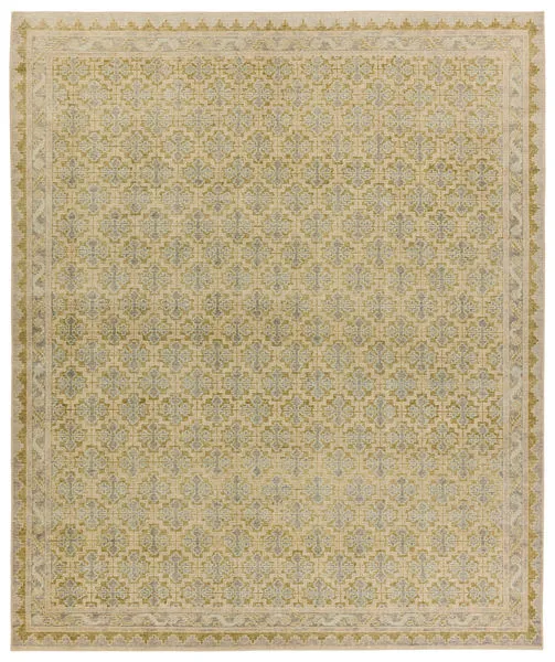 Traditional 9x12 hand-knotted wool rug with tile and mini-medallion pattern in muted blue and green tones
