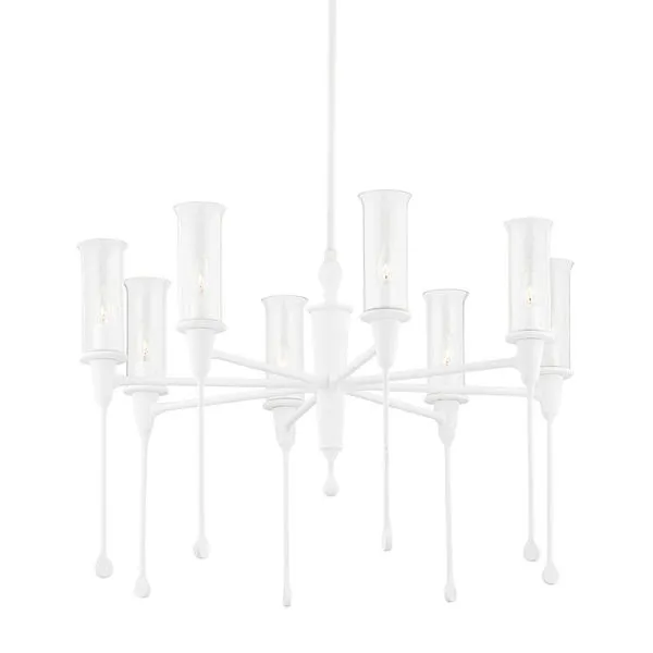 White Chisel 8 Light Chandelier with textured steel arms and clear cylindrical glass shades