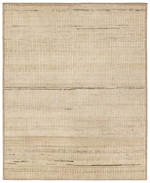 Handknotted taupe rug with linear Moroccan pattern featuring taupe, tan, and brown stripes and a thin border