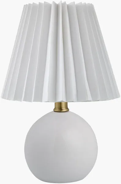 Ferez accent table lamp with round white ceramic base and pleated white linen shade with brass neck