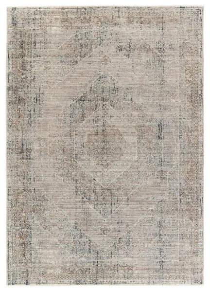Traditional 10x14 area rug with distressed medallion pattern in taupe, blue, cream, gray, and tan tones