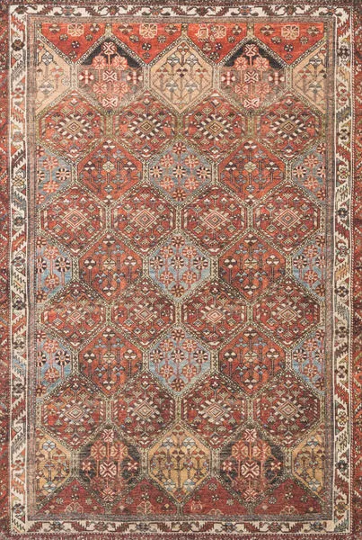 Loren Spice Multi Rug with vintage hand-knotted look featuring red, blue, beige, and brown geometric patterns