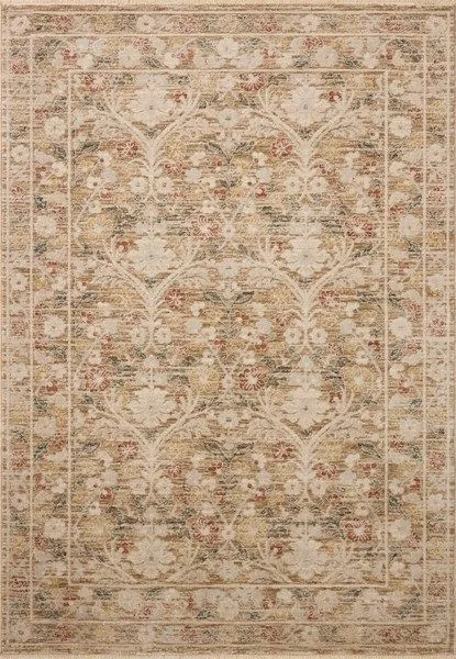 Traditional Loloi Clarisse area rug with floral design in sand, beige, multi-color accents, bordered edges