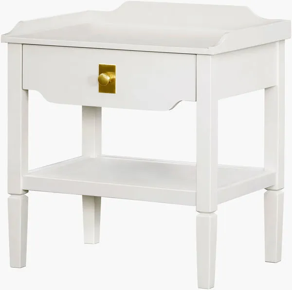White Doheny End Table with a raised edge MDF top, single drawer with brass knob, and lower shelf supported by tapered legs