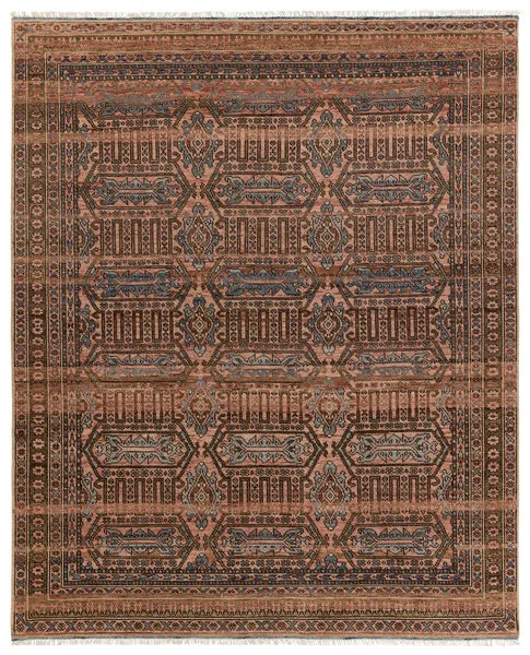 Leone hand-knotted traditional rug with pink, beige, brown tones and blue mini-medallion tribal pattern, 9x12 feet
