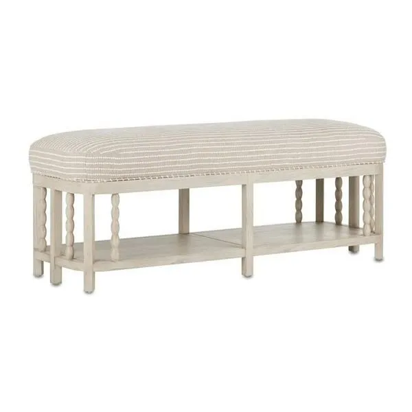 Norene Demetria Bench with beige striped upholstered foam cushion and carved round wooden legs featuring lower wood shelf