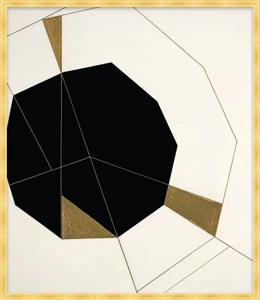 Geometric Bliss painting with a central black polygon surrounded by white space and gold triangular accents in a bamboo frame
