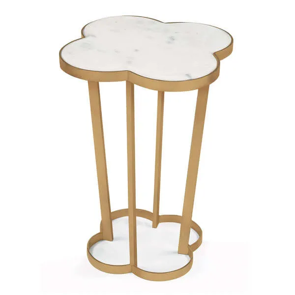 Clover-shaped side table with creamy white marble top and natural brass steel frame