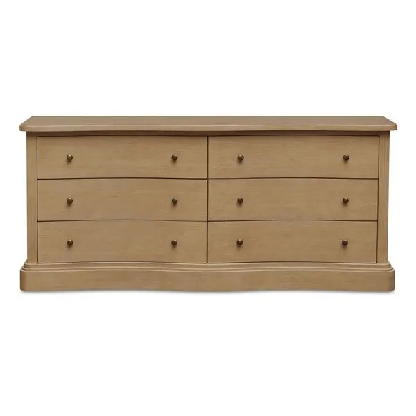 Clarence 6 Drawer Dresser with curved front, six drawers, solid oak, and brass knob hardware in light wood finish