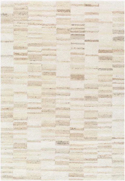 Max Sandstone Handmade Rug with a textured, no-pile geometric block pattern in soft beige and cream tones