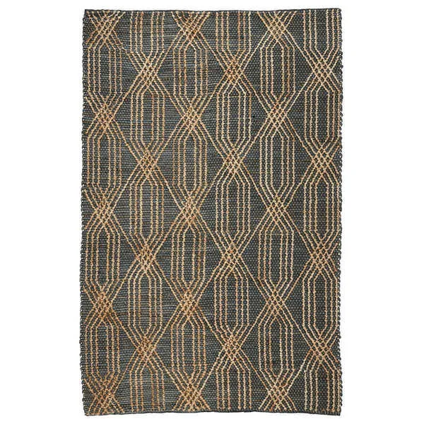 Tustin Jute Blend Area Rug with dark grey base and tan geometric diamond pattern, fringed edges