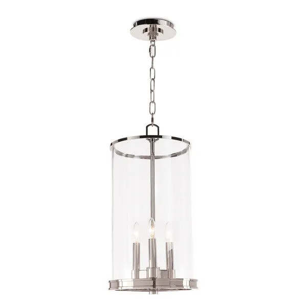 Adria Polished Nickel steel pendant with cylindrical clear glass lantern and three candle-style bulbs on a metal chain