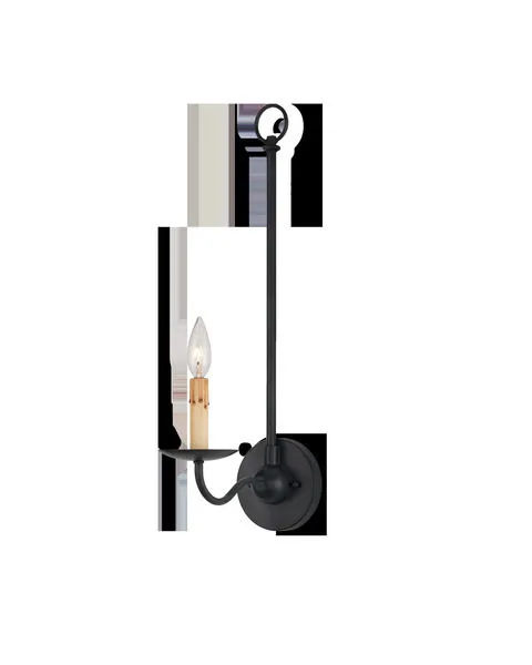 Saxon black wall sconce with slender arm, Zanzibar finish, single faux candle sleeve with faux wax drips and clear bulb