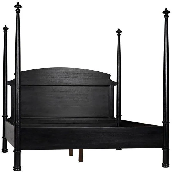 Douglas Black Bed with four tall posts, solid mahogany construction, hand-rubbed black finish, and ornate finials on each ...