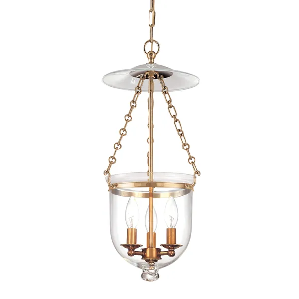 Hampton 3 Light Pendant with clear glass shade, antique brass finish, three candle-style bulbs, and chain suspension